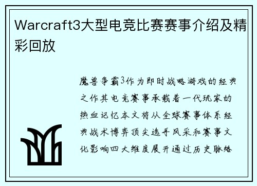 Warcraft3大型电竞比赛赛事介绍及精彩回放